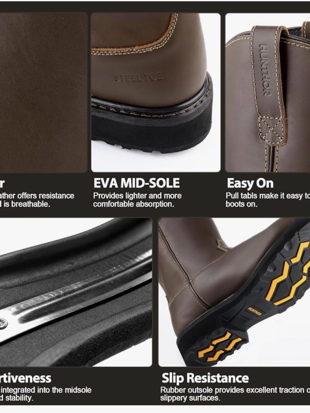 Men's Brown Leather Pull-On Work Boots - Picture 9 of 16